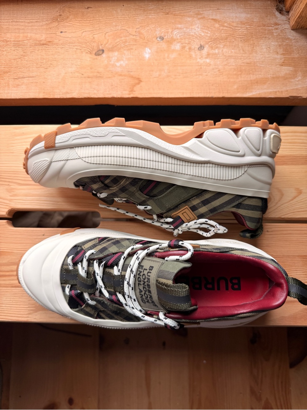 Burberry Olive Check Low-Top Sneakers with White & Burgundy Accents